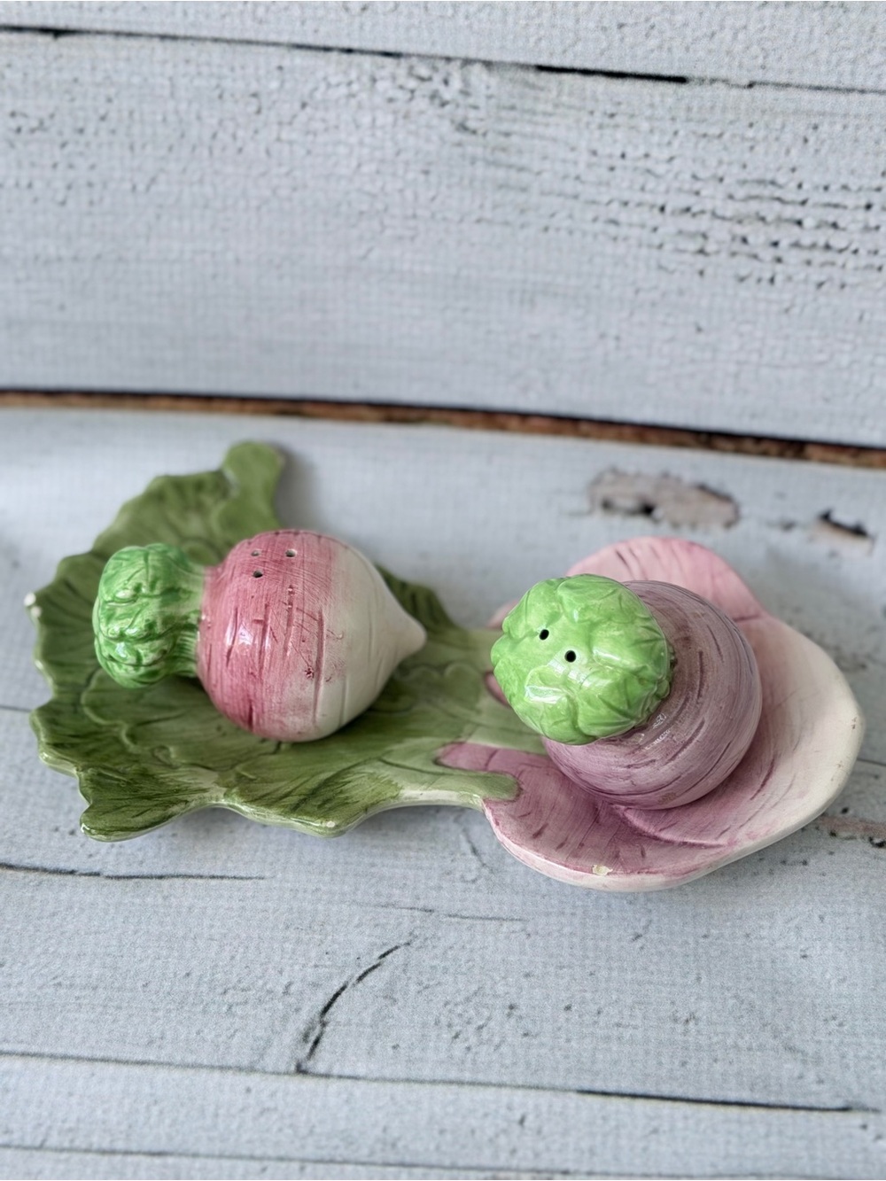 Ceramic Radish Salt and Pepper Shaker Set with Leaf Tray - Pink Green